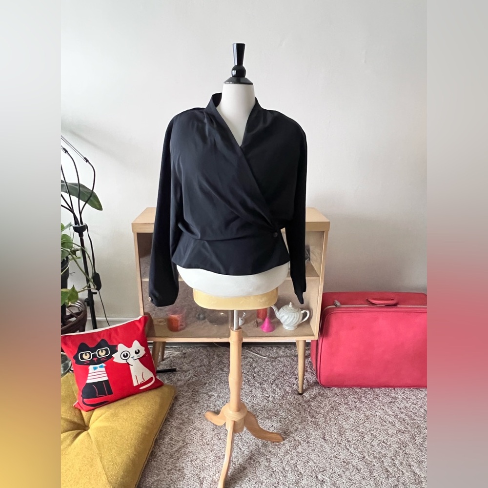 VTG 80s Black Goth Cowl Neck w/ Structured Shoulder Blouse Plus Size 20W
